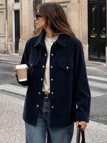 Women's Autumn/Winter Corduroy Solid Color Shirt - Navy Blue - View 6