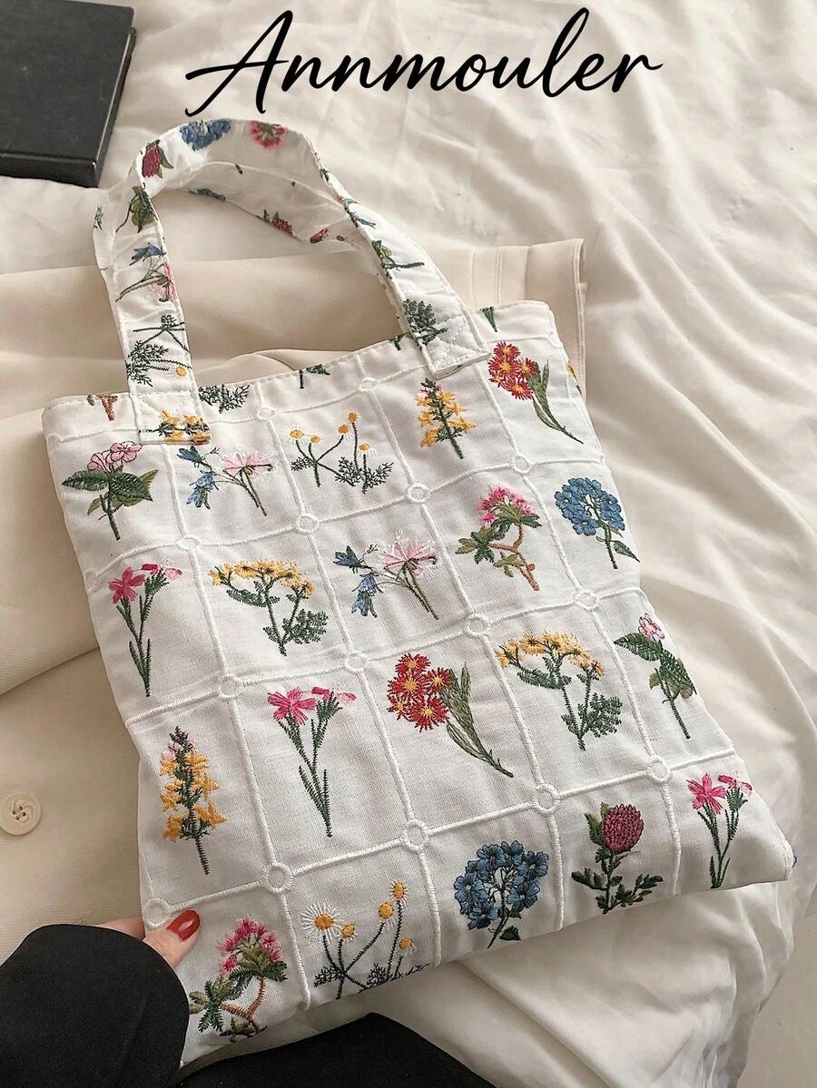 Tas Tote Retro Motif Bunga Bordir, Minimalis dan Praktis Serbaguna - Putih - View 1