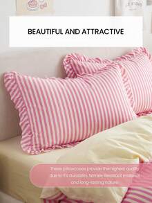 HONEYMOON 1pair Stripes Printed Pillowcases With Chic Ruffles-100% Polyester Fabric Stripes Printed Pillow Cover, Soft And Breathable, Wrinkle Resistant, No Filler-T F Q K Size For Home And Dorm, Machine Washable - Multicolor - View 6