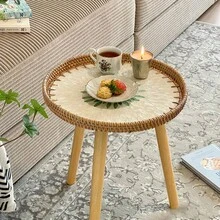 1pc Round Nordic Style Rattan Woven Shell Coffee Table, Handmade Sofa Side Table, Elegant High-End Coffee Table, Balcony Small Table, Welcome Table, Premium Gift For New Homeowners, Available In 2 Sizes - Multicolor - View 5
