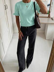 Women's Casual Yellow Round Neck Ruffle Short Sleeve Loose Fit T-Shirt, Spring/Summer Style, Suitable For Dating And Daily Wear - Cadet Blue - View 7