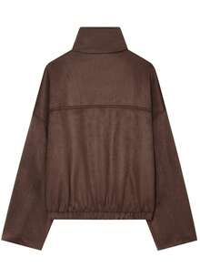 Women's Vintage Faux Suede Jacket, Solid Color Zipper Casual Coat - Brown - View 5