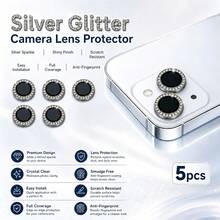 Yezodawee 5pcs Silver Camera Lens Protector Film, Compatible With Phone 18 Pro Max/Phone 17 Pro Max/14/15/16/17/Pro/Pro Max, Shiny Transparent Upgraded Camera Sticker, Suitable For 17/16/15/14/Pro/Pro Max Lens, Shiny Crystal Lens Protector Film, Phone Accessory, Waterproof, Shockproof, Anti-Drop, Anti-Scratch, Anti-Fingerprint, Full Coverage - 5pcs - View 3
