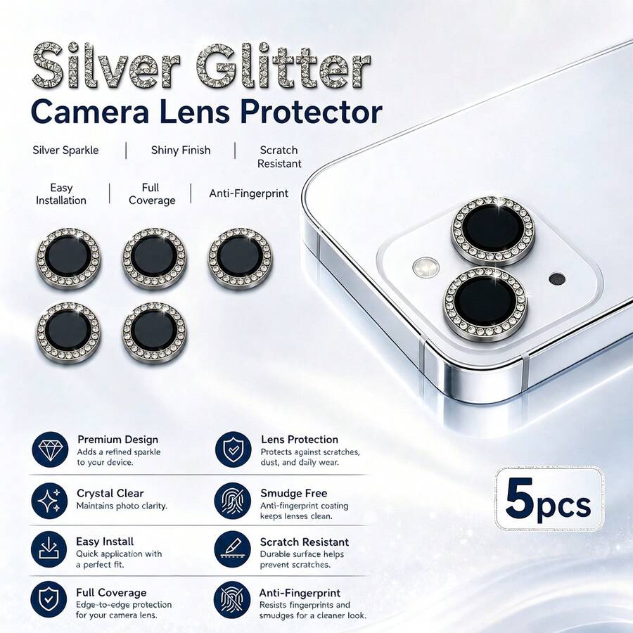 Yezodawee 5pcs Silver Camera Lens Protector Film, Compatible With Phone 18 Pro Max/Phone 17 Pro Max/14/15/16/17/Pro/Pro Max, Shiny Transparent Upgraded Camera Sticker, Suitable For 17/16/15/14/Pro/Pro Max Lens, Shiny Crystal Lens Protector Film, Phone Accessory, Waterproof, Shockproof, Anti-Drop, Anti-Scratch, Anti-Fingerprint, Full Coverage - 5pcs - View 1