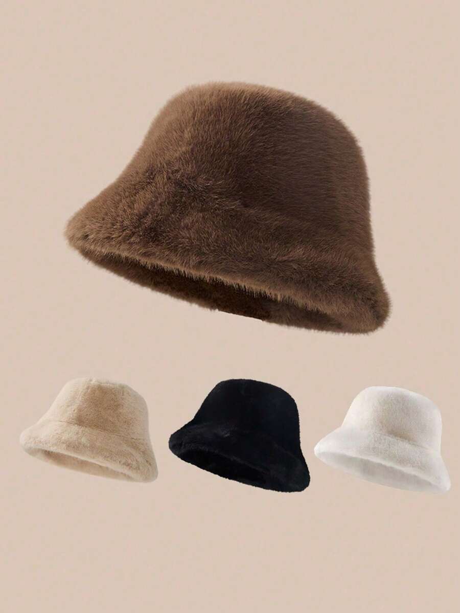 Women's Autumn/Winter Plush Bucket Hat, New Fluffy Fashionable Solid Color Warm Hat, Versatile Casual Windproof Polyester Material, Suitable For Autumn Outfits - Multicolor - View 1