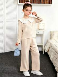 2 Pieces Spring 2025 New Arrival Mid-Large Tween Girl Casual Solid Striped Long Sleeve Top & Straight Pants Set - Apricot - View 2
