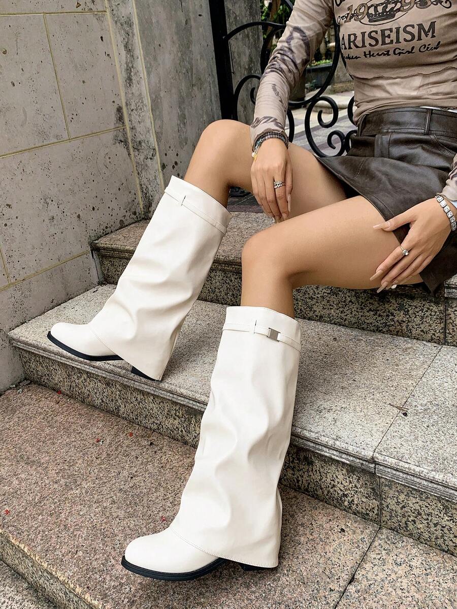 1 Pair Women's European & American Style Buckle Stacked Heel Boots, Pointed Toe Slightly Flared Shaft, Chunky Heel Slimming Versatile Riding Boots, Internet Celebrity Same Style High Tube Long Boots - Beige - View 1