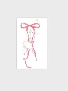 1 Sheet Pink Bow Heart Temporary Tattoo Stickers, Gradient Ribbon With Dotted Line Fake Tattoos, Sweet Girly Aesthetic Body Art For Women, Waterproof Upper Arm Decor - Multicolor - View 2