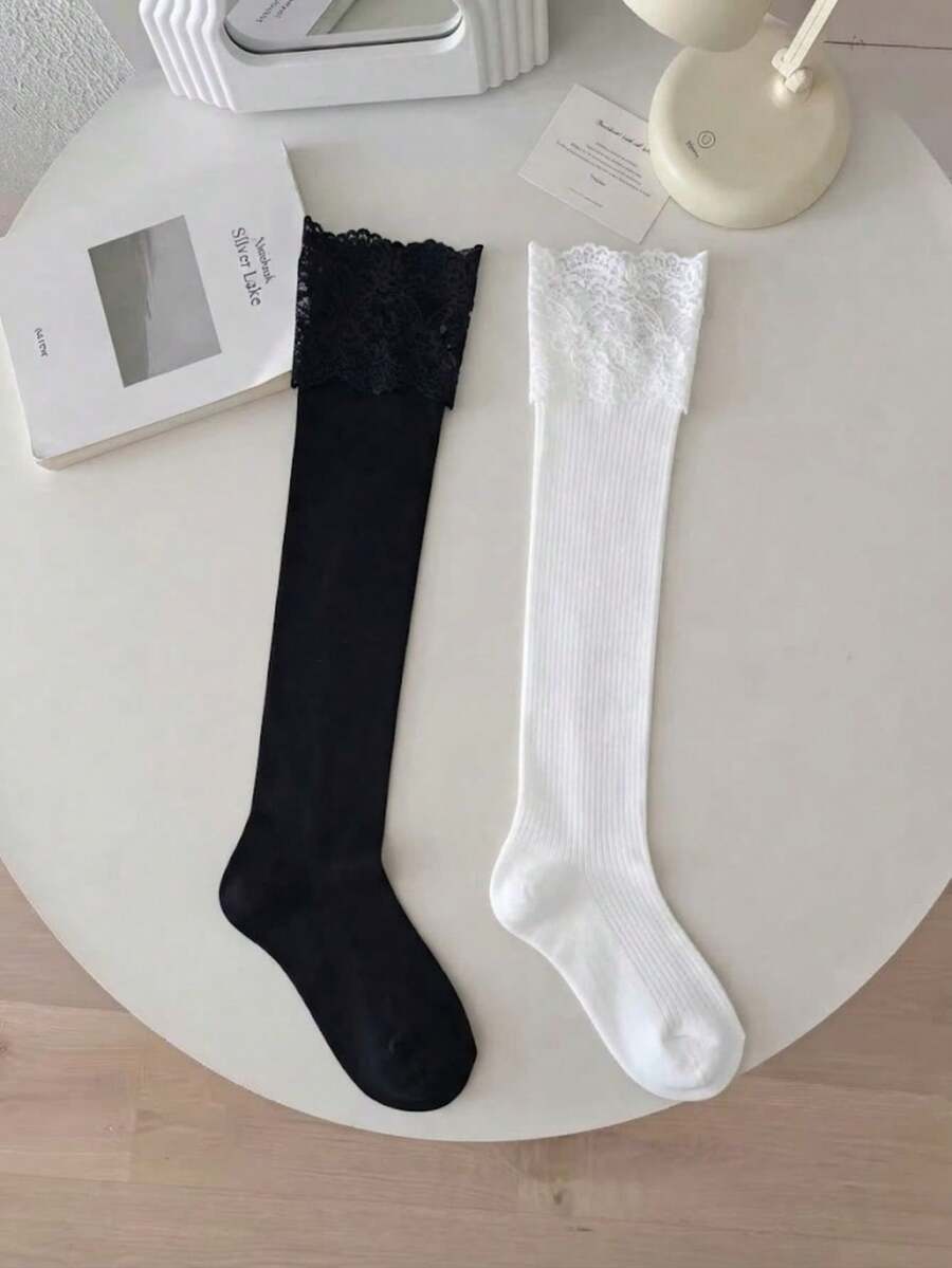 1/2 Pairs Sweet Girl Lace Trim Vertical Stripe Versatile Comfortable Knee-High Socks - Multicolor - View 1