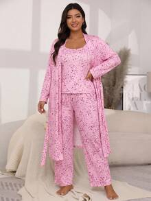 Plus Size Women's 3 Pieces Pajama Set Camisole + Robe + Long Pants, Casual Comfortable Loungewear For Autumn/Winter - Pink - View 3