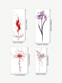 4pcs Temporary Tattoo Sticker, Minimalist Line Spider Lily Iris Butterfly Floral Pattern, Realistic Fake Tattoo Design, For Daily Wear, Bachelorette Party Favors, Music Festival, Game, Graduation Gift, Lasts 3‑5 Days - Multicolor - View 2