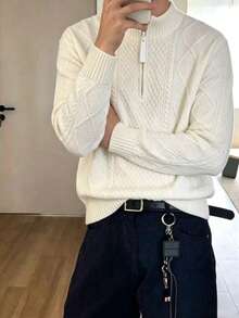 Men's Autumn/Winter Knitted Zip-Up Sweater, Solid Color Striped Casual Versatile Business Commute Pullover - Apricot - View 1