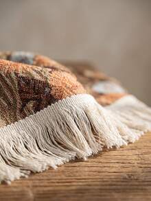 1pc Brown Base Vintage Autumn Floral Plant Print Tablecloth, Retro Natural Style Jacquard Fabric, Rectangular Beige Tassel Edge Detail, Stain-Resistant Desktop Protection Functional Long Tablecloth Suitable For Daily Home And Natural Dining Table Decor Scenes - Brown - View 9