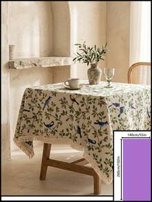 1pc Beige Base Green Branch & Blue Bird Print Tablecloth, French Fresh Style Linen Blend Fabric, Square Shape With Beige Tassel Edge Detail, Stain-Resistant Desktop Protector, Functional Dining Table Cloth Suitable For Daily Breakfast And Cozy Home Decor Scenes - Beige - View 13