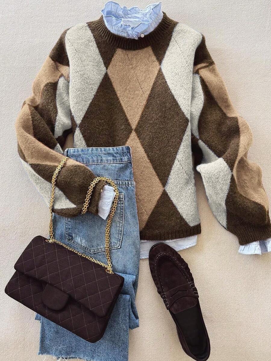 Autumn/Winter Fashion Comfortable Warm Rhombus Pattern Colorblock Crew Neck Loose Knit Pullover Sweater Vacation Brown Fall - Brown - View 1