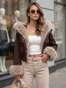 Women's Cropped Hooded Jacket Artificial Fur Trim Zip Snap Front Drawstring Hem - Brown - View 4