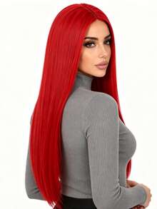 28 Inch Red Middle Part Straight Hair Wig, Comfortable Wear, Suitable For All Women Party Ball Dress Up Long Straight Wig. - Red - View 3