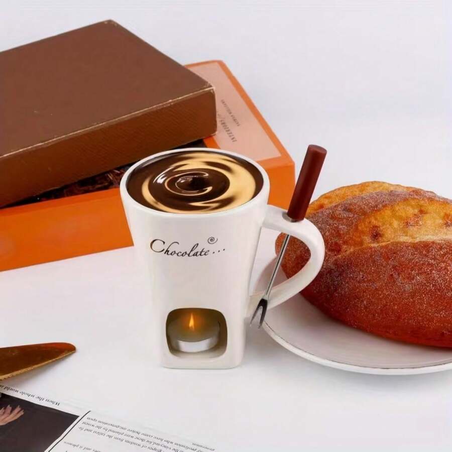Panci Pelebur Cokelat Keramik untuk Dapur Rumah, Cangkir Pemanas Keju, Panci Fondue Cokelat dengan Garpu, Mug Industri, Cocok untuk Pesta Pernikahan di Luar Ruangan, Hadiah Ulang Tahun