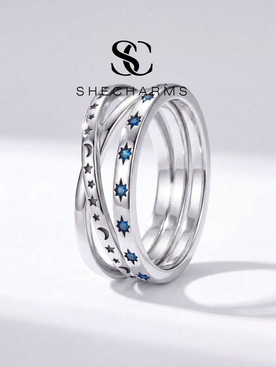 1pc Classic Star Moon Cross Diamond Ring, Engagement Gift, Holiday Gift, Exquisite Jewelry Gift