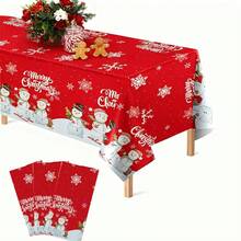 1-Piece/3 PiecesChristmas Disposable Rectangular Tablecloth – Red Tablecloth With 'Merry Christmas', Snowhouse, Santa Claus, Snowman And Christmas Tree Designs, Perfect For Holiday Season And New Year Parties, 54 X 108 Inches - Red - View 1