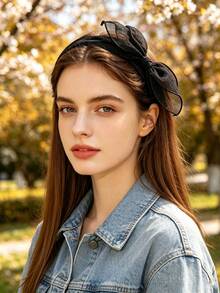 Korean Style Bow Headband With Teeth Anti-Slip Hair Grip Simple Wide Lace Mesh Headband For Women Versatile Hair Clip - Black - View 4