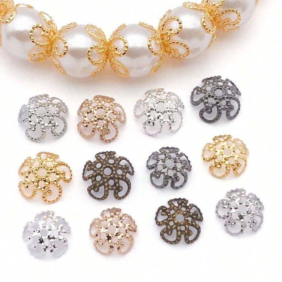 100pcs 8-9mm Anti-Oxidation 18K Gold Plated Hollow Five-Petal Bead Caps, Suitable For DIY Handmade Bracelets, Spacer Beads And Beaded Flower Holders - One Size Fits All - View 1