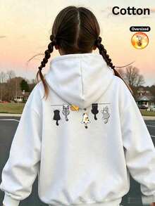 Autumn/Winter Girls' Custom Loose White Hoodie, Cat Hanging On Clothesline Graphic, Cute Cartoon Style - White - View 12