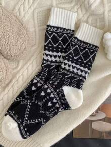5 Pairs Women's Winter Thick Warm Socks, Rhombus Pattern Mid-Calf Cold-Proof Soft Comfortable Outdoor Knitted Socks - Multicolor - View 10