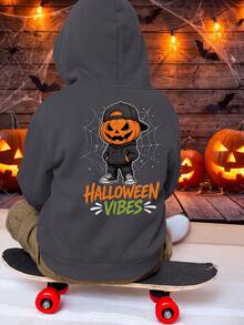 [Halloween] 1 Stück Jungen Dunkelgrau Kapuzenpullover HALLOWEEN VIBES Streetwear Cool Kürbiskopf Spinnennetz Halloween Locker Lässig Unisex Top - Dunkelgrau - Übersicht 1