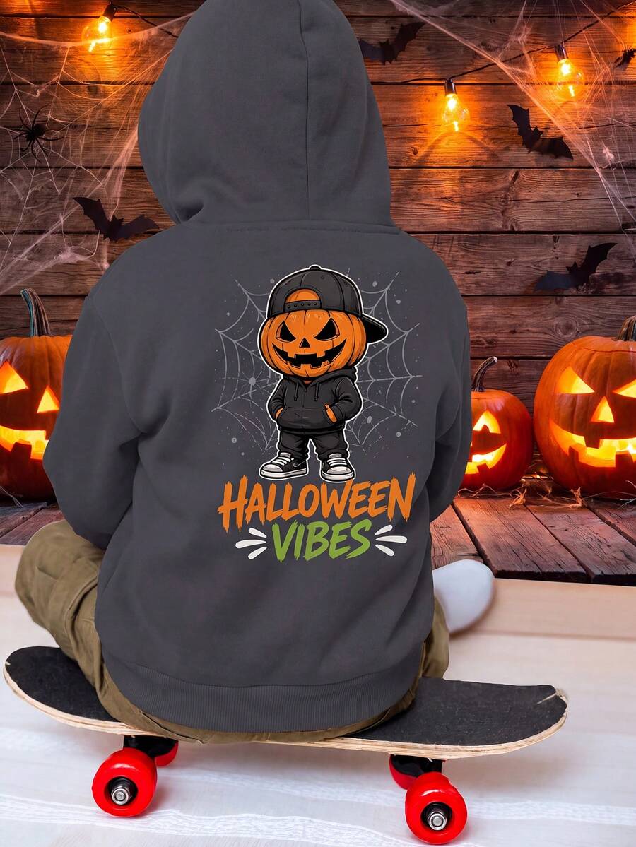 [Halloween] 1 Stück Jungen Dunkelgrau Kapuzenpullover HALLOWEEN VIBES Streetwear Cool Kürbiskopf Spinnennetz Halloween Locker Lässig Unisex Top - Dunkelgrau - Übersicht 1
