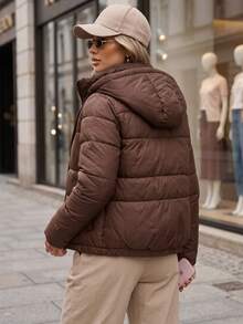 Women's Quilted Hooded Jacket Detachable Drawstring Hood Zip Front Regular Fit - Brown - View 3