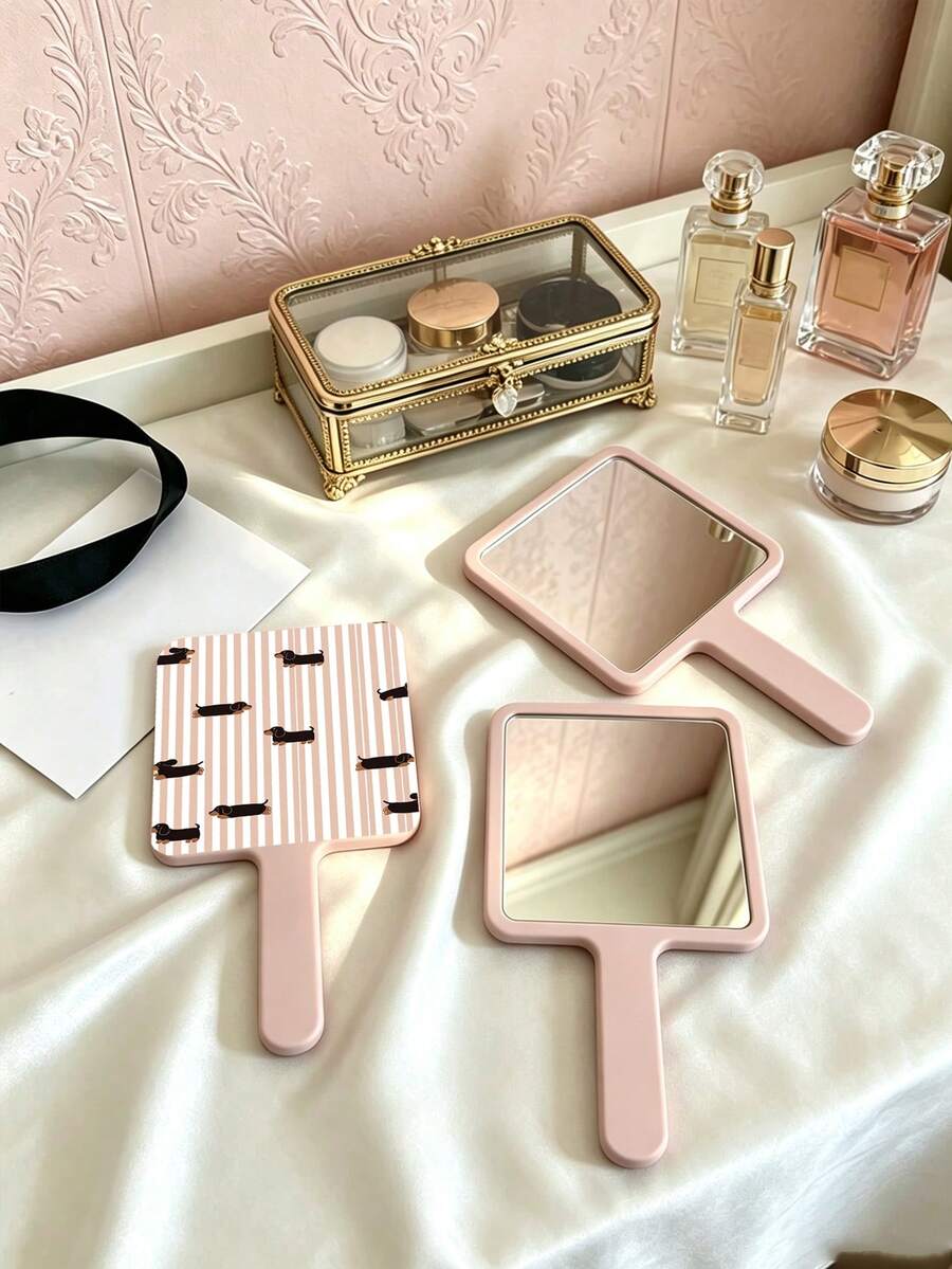 1Pc Striped Puppy Holding A Makeup Mirror. Square High-Definition Mirror With Handle, Portable Vanity Mirror, Suitable For Daily Makeup And Travel. - Multicolor - View 1