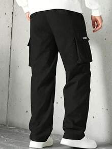 Men's Fashion Solid Color Outdoor Cargo Pants, Drawstring Waist Design, Side Pockets; Comfortable Breathable Sports Style - Black - View 2