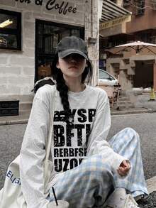 女款美式街頭風字母印花長袖上衣，秋季寬鬆版型，百搭休閒，麻灰色 - 花灰色-1 - 查看 2