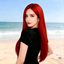 Wig Panjang Lurus Belahan Tengah Warna Merah 28 Inci, Alami & Realistis, Cocok untuk Pemakaian Sehari-hari, Pesta Festival, Cosplay - merah - View 5