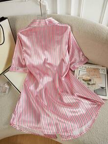 Women's Plus Size Satin Luxury Striped Print Lapel Front Button-Down Animal Embroidery Patch Pocket Short Sleeve Nightgown, Summer & Autumn - Multicolor - View 2