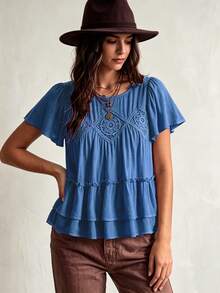 Rusttydustty Minimalist Solid Color Hollow Lace Front Short Sleeve Multi-Layer Hem Women's Blouse, Suitable For Autumn And Halloween Summer - Blue - View 2
