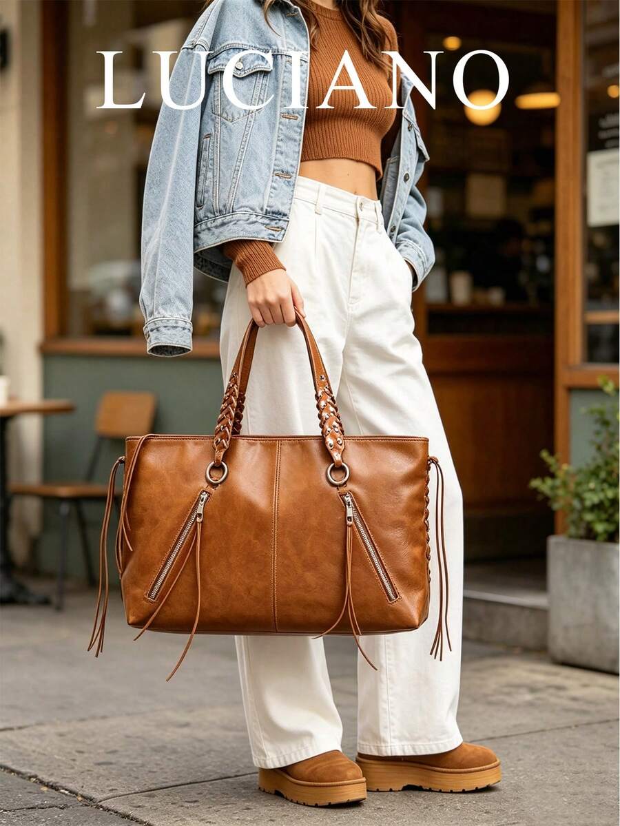 Tas Tangan Vintage Model Longgar Kapasitas Besar, Desain Ritsleting Ganda Mewah dengan Tali Bahu Tipis, 1 buah Tas Wanita PU Cokelat - Coklat - View 1