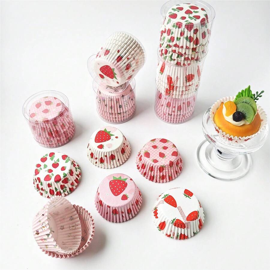 Strawberry Pattern Greaseproof Paper Muffin Liners, Disposable Cupcake Cups, Gradient Color Baking Cake Liners, Suitable For Baking Paper Cups And Muffin Cups Packaging, Suitable For Cakes, Candy Making, Suitable For Holidays, Weddings, Valentine's Day And Various Anniversaries.