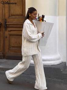VIBEWAVE White Collared Tie-Up Cable Knit 2 Pieces Set, European & American Casual Relaxed Style Cable Long Sleeve Top + Wide Leg Pants, Spring/Autumn Home, Cafe, Travel Slouchy Outfit Set - White - View 1
