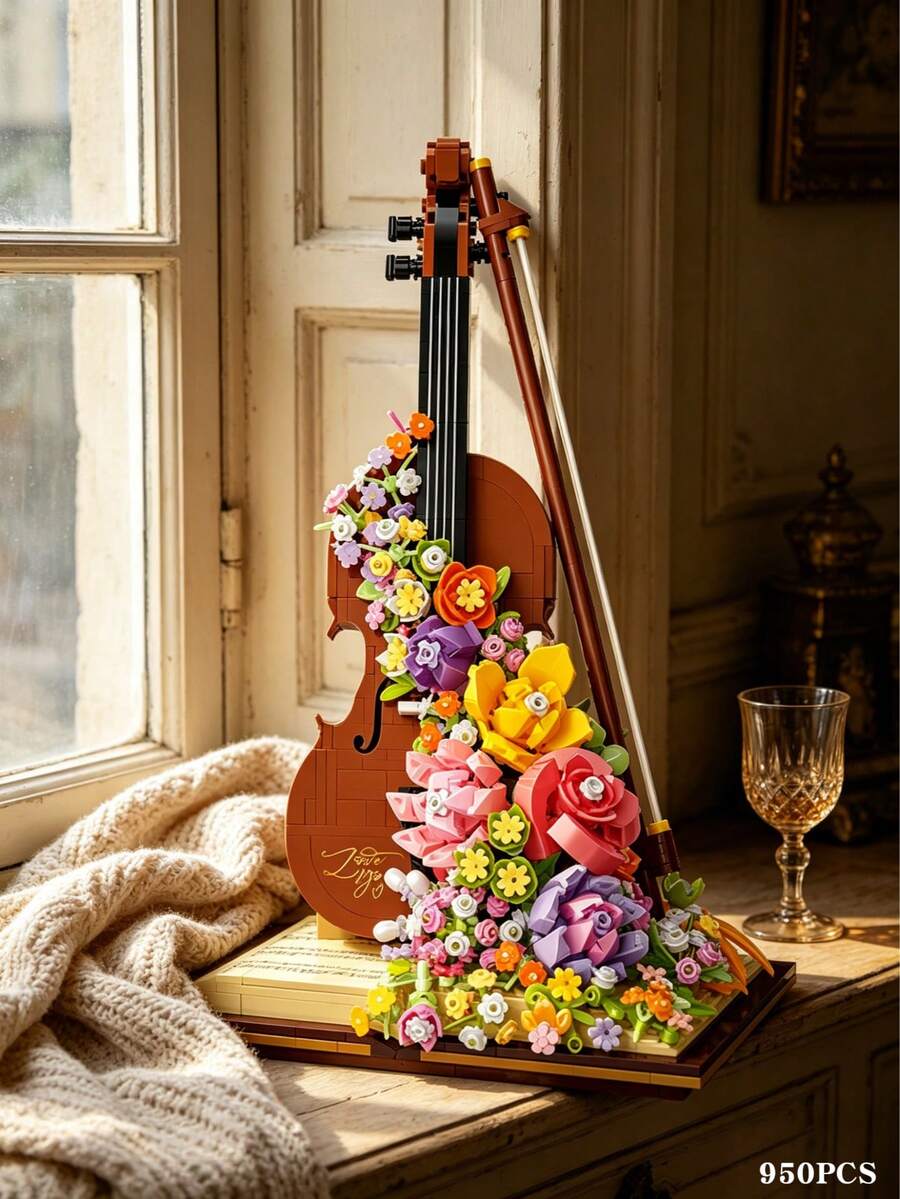 Romantic Blue Guitar Building Block Set, Creative Floral Musical Instrument Model Kit, Exquisite Display Decoration, High-Quality DIY Assembly Toy, Stress Relief Hobby Building, Unique Aesthetic Gift For Music Lovers - Multicolor - View 1