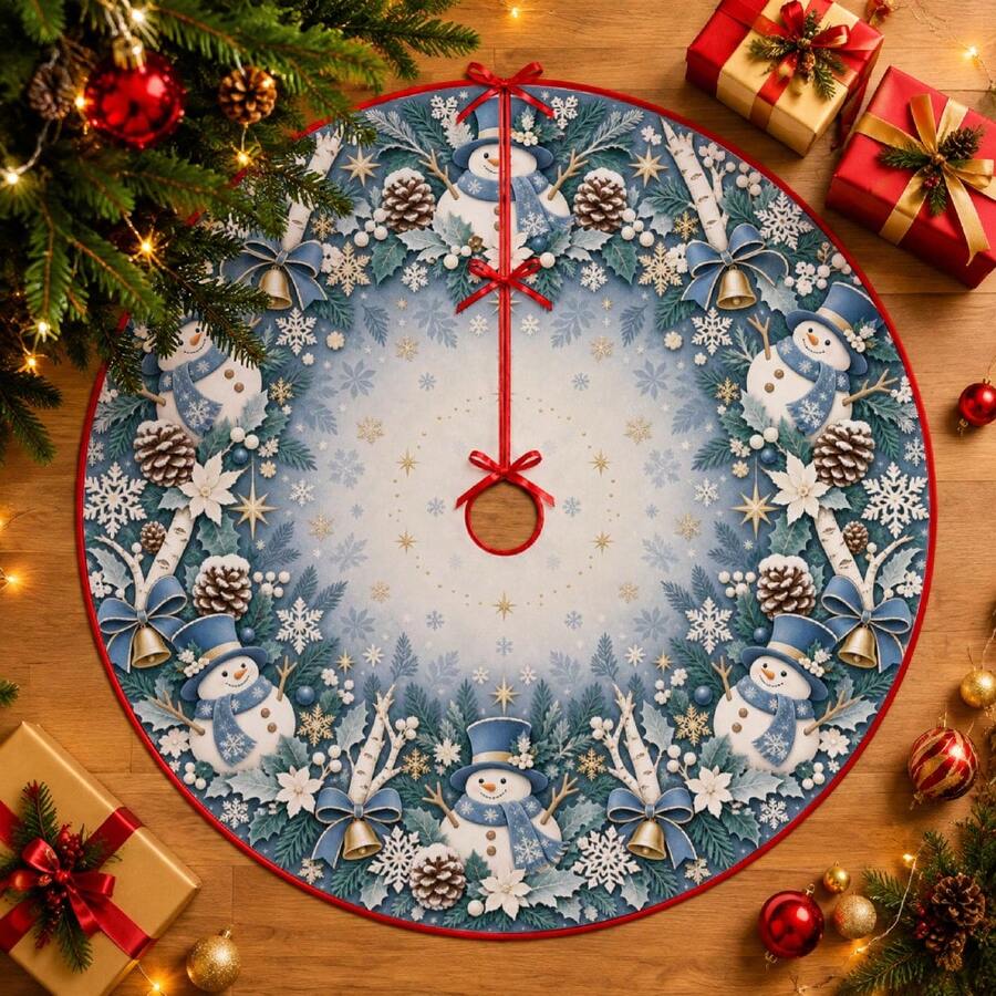 1pc Blue Snowman Pattern Christmas Tree Skirt, Elegant Color Holiday Decor, 5 Sizes, Unisex Holiday Gift, Suitable For Home And Party Christmas Home Decoration - Blues Snowman - View 1