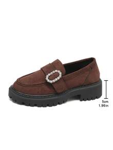New Women's Rhinestone Decorated Suede Solid Color Retro Loafers Thick Platform Serrated Sole Slip-On Wedge Heels Fashion Versatile - Brown - View 7