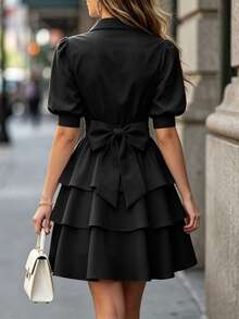 DONICY Women's Elegant Black Shirt Dress, Puff Sleeves With Layered Ruffles, French Style Suitable For Dating And Work - Black - View 2