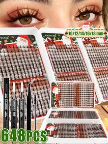 540/648pcs Natural Brown/Black False Eyelashes Can Create A Fluffy Anime Eye Makeup Effect. DIY Large Capacity Three Sided Eyelash Cluster, Made Of Soft Material. Single Cluster False Eyelash Set, With Glue And Sealing Tools, Suitable For Christmas. - Multicolor - View 4
