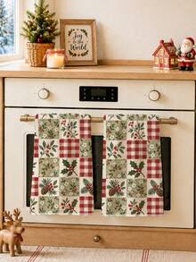 2pcs Christmas Vintage Plaid Holly & Pinecone Pattern Kitchen Towels, Soft Polyester Dish Cloths, Suitable For Kitchen Decor, Kitchen Cleaning, Holiday Party Decoration, Kitchen & Bathroom Supplies Home Essentials, Home Decor, Housewarming Gift - Multicolor - View 7
