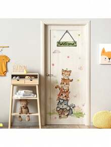 1pc Baby Cat Stacked Cartoon Wall Sticker, PVC Removable Decal, Suitable For Door Switch Wall Decoration, Cute Kids Room Decor, Cartoon Wall Sticker, Nursery - Multicolor - View 4