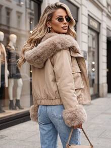 Women's Cropped Hooded Jacket Artificial Fur Trim Zip Snap Front Drawstring Hem - Beige - View 3