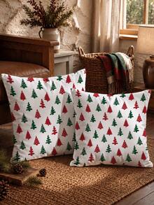 Christmas Minimalist Red & Green Christmas Tree Pattern Waffle Fabric Cushion Cover, Single Side Printed Soft Waffle Polyester Material, Waffle Pillowcase Suitable For Room Decoration, Modern Minimalist Sofa Living Room Decor, Gift Giving, Party Decoration - Multicolor - View 4