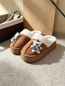 Women's Cute Cherry Bear Plush Slippers, Fleece Lining Closed Toe Thick Sole Warm Indoor House Shoes, Suitable For Spring And Autumn - Style B-brown - View 9